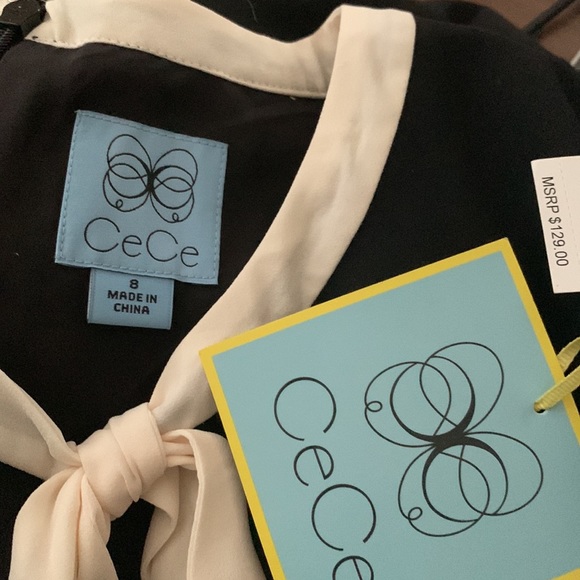 CeCe Velvet Petals Puffed Long Sleeve Black Dress w White Bow Size 8 - Picture 3 of 7